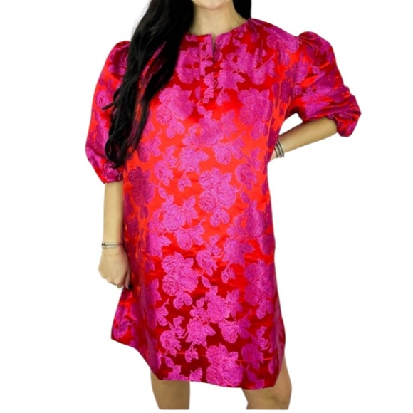 CARYN LAWN Asher Floral Jacquard Puff Sleeve Mini Dress Metallic Red Pink OS - Picture 7 of 15